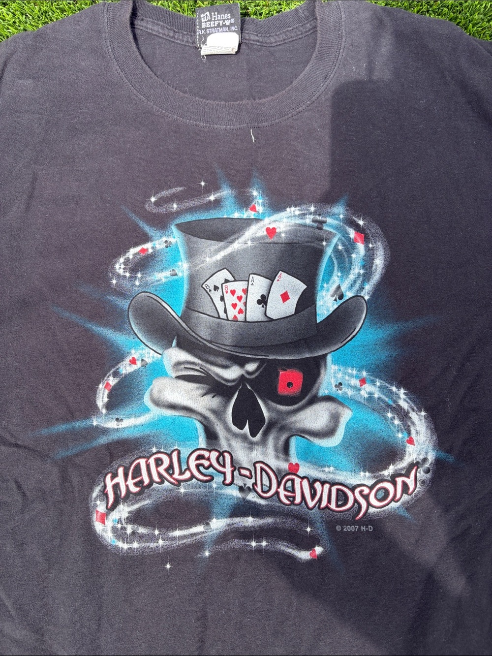 Harley-Davidson Black Tee with Blue Accent Poker Skull Graphic